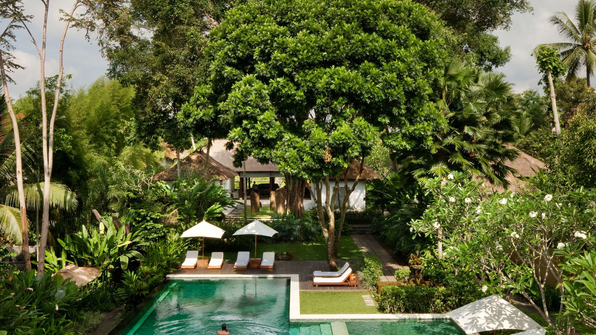 A Pool With A Couple Of People In It By Trees And A Building