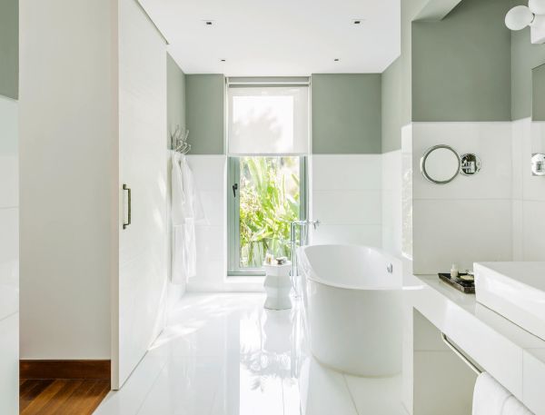 Freestanding bathtub with separated shower stall